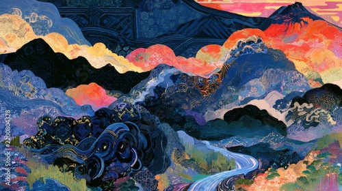 Layered abstract landscape in dark blue, filled with traditional Japanese geometric patterns