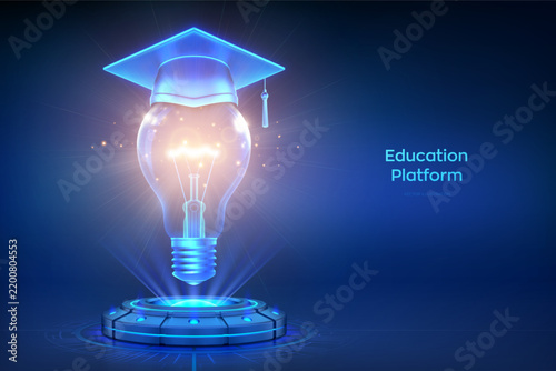 Light bulb with graduation cap hologram above futuristic digital platform. Education platform concept for online learning, educational technology, digital education, e-learning. Vector illustration.