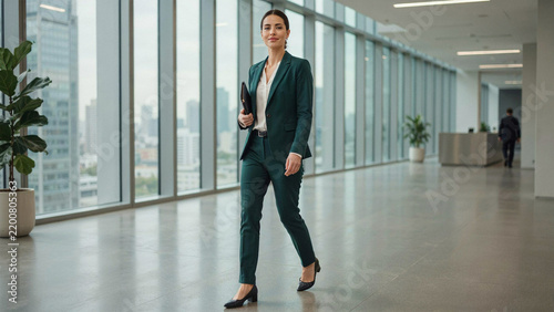 Professional businesswoman in a suit walking through a modern corporate office hallway with windows