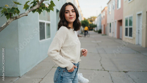 Young woman in a white cable knit sweater standing on a residential street with pastel houses