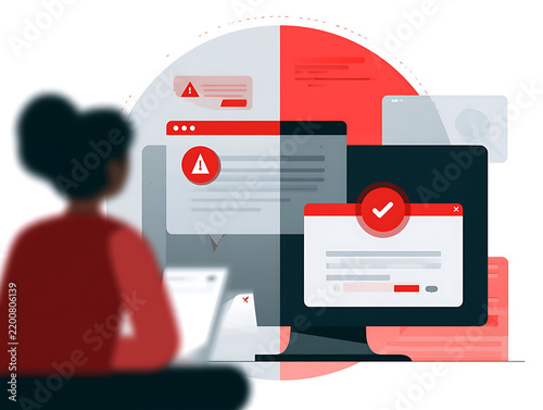 Illustration of a person facing a computer with warning alerts and a confirmation symbol, using red, white, and dark teal tones.