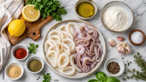 Raw calamari rings and baby octopus arranged with lemons, herbs, spices, flour and olive oil for cooking preparation on a marble surface