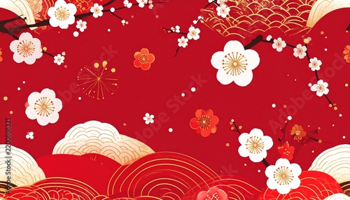 紅白と金の梅と松を描いた正月の和柄パターン