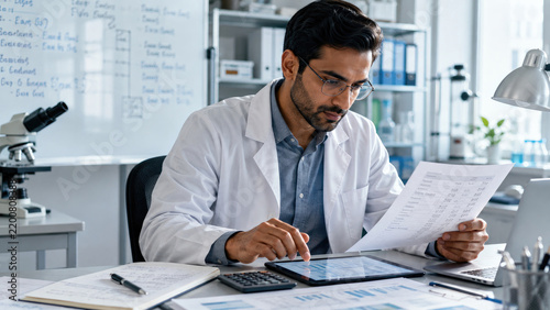 Male scientist in a lab coat studying documents and a tablet while calculating and reviewing data at a laboratory desk