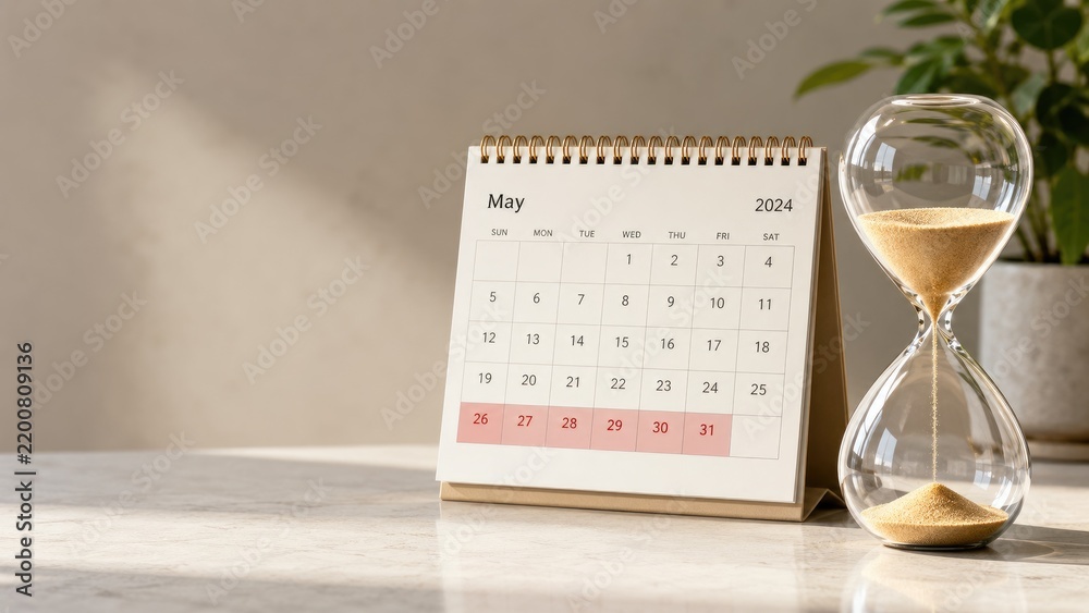 Fototapeta premium Desk calendar opened to May 2024 on a marble tabletop with a sand hourglass and potted plant bathed in warm sunlight