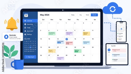 Modern digital calendar interface on a laptop showing May 2024 month view with color-coded events, notifications, cloud sync and matching mobile and tablet displays