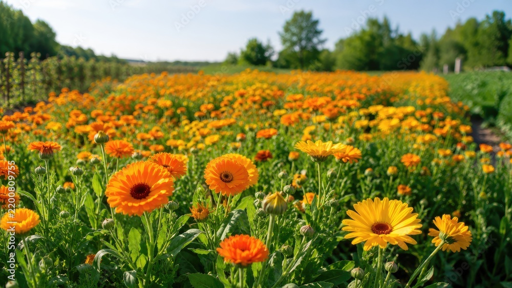 Fototapeta premium Sunlit field of vibrant orange and yellow calendula blooms across a cultivated garden landscape