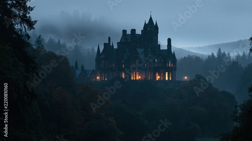 Gothic castle silhouette with illuminated windows standing on a misty hill at twilight