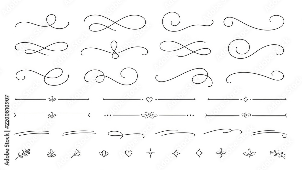 Obraz premium Set of elegant calligraphic flourishes, swashes and ornamental dividers with small decorative icons for design accents