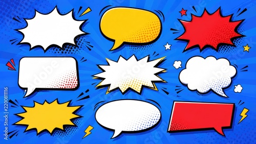 Colorful pop-art comic speech and thought bubbles on a blue halftone background