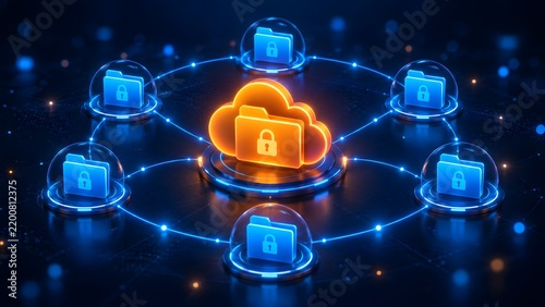Fototapeta Secure cloud computing network featuring a central locked cloud folder surrounded by protected digital folders inside glass domes
