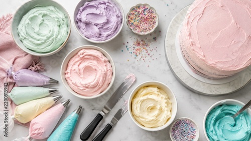 Overhead view of pastel buttercream bowls, piping bags and a frosted cake ready for decorating