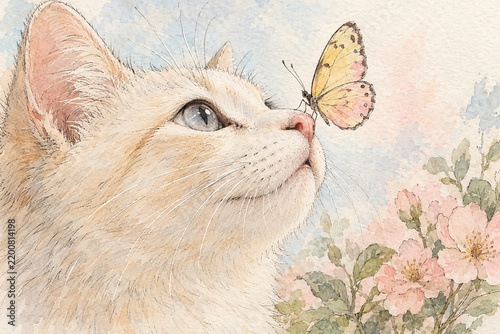 Watercolor Illustration of a Cat and Butterfly