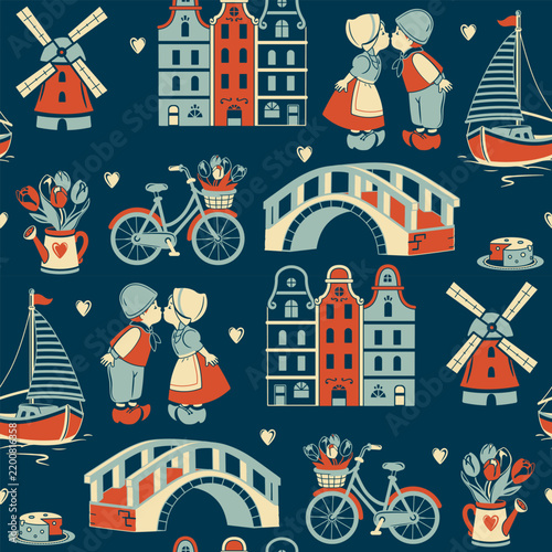 Bright limited color seamless pattern with flat style rural Holland and vintage Amsterdam elements. Narrow houses, bicycles with tulips, children in clogs.