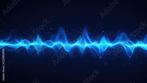 Glowing neon-blue audio waveform visualization across a dark background, futuristic sound signal with particles and pulse