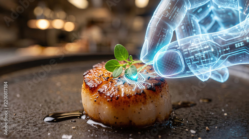 Artificial intelligence hand perfecting a gourmet meal with precision, integrating technology into culinary arts, concept of AI chef, smart cooking, and advanced food preparation
