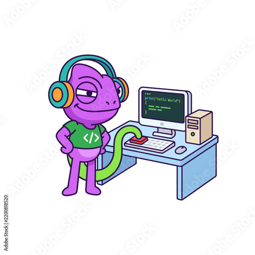 A cartoon purple chameleon wearing headphones and a green t-shirt, coding on a computer with its tail plugged into the CPU.
