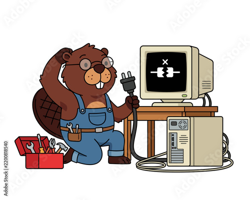A cartoon beaver wearing glasses and overalls, looking puzzled while attempting to fix a vintage computer with a disconnected power plug.
