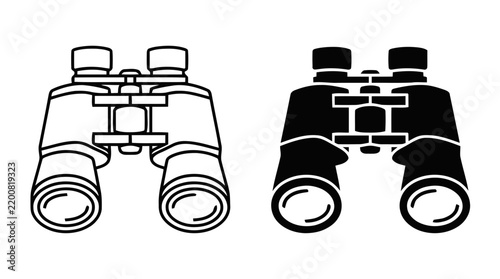 Vector illustration of binoculars icon set, linear and silhouette style on a transparent background