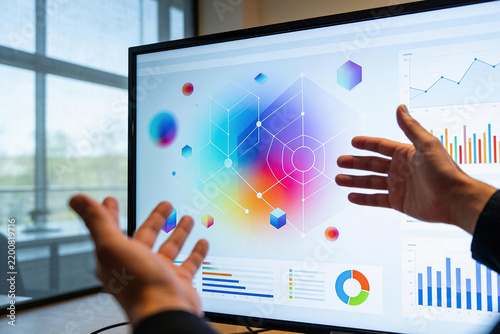 End-of-Year Business & Finance – Professional presenting data visualization and colorful analytics on a computer monitor in an office