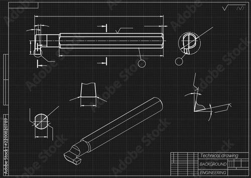 Mechanical engineering drawing of cutting tool on black background. Internal boring and grooving cutter with dimensions and sections. Technical machining blueprint. Vector illustration.
