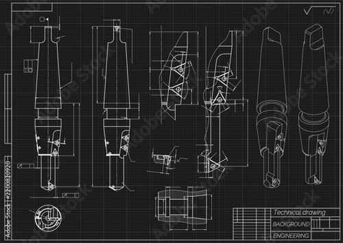 Mechanical engineering drawing of cutting tool on black background. Modular boring tool assembly with inserts, dimensions and sections. Technical machining blueprint. Vector illustration.