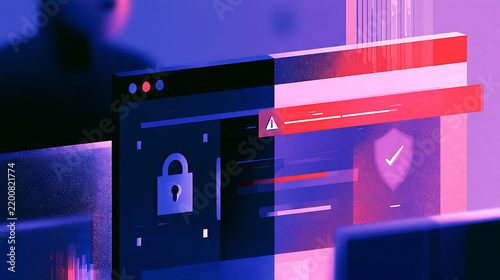 Abstract illustration of a blurred human silhouette over a digital interface with an open lock, warning alert, and verification symbol in red and teal.