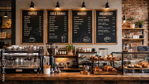 Cozy coffee shop counter with espresso machine, chalkboard menus, bakery display of croissants and pastries