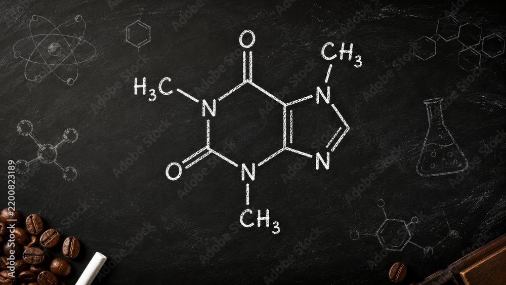 Obraz premium Chalkboard illustration of the caffeine molecule in white chalk with coffee beans and chemistry doodles