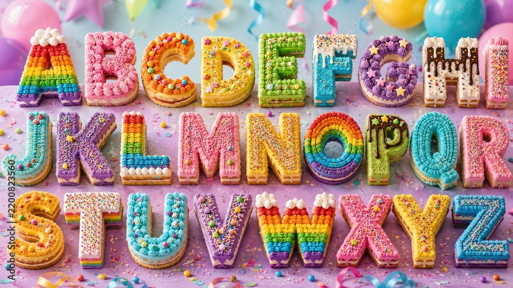 Obraz premium Colorful decorated alphabet cookies A-Z with frosting, sprinkles and rainbow designs on a pastel party background