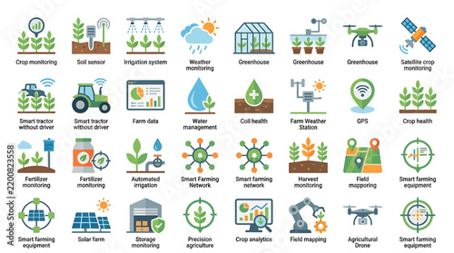 Modern agricultural technology icons for smart farming and precision crop management systems