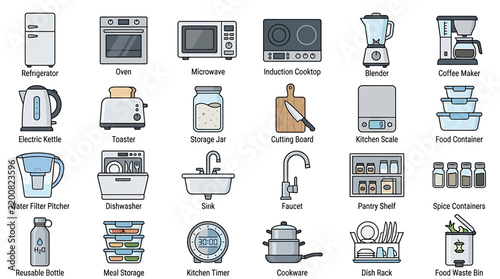 Collection of kitchen appliances and tools illustrated in simple line art style