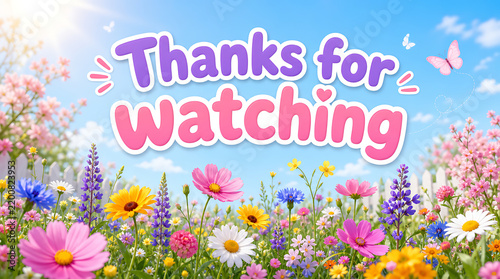 Thanks for watching text banner over a colorful spring flower meadow.