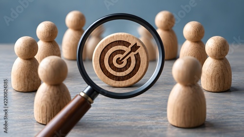 Magnifying glass focusing on a wooden target symbol among peg figures depicting recruitment strategy identifying target audience and searching for the right business objective