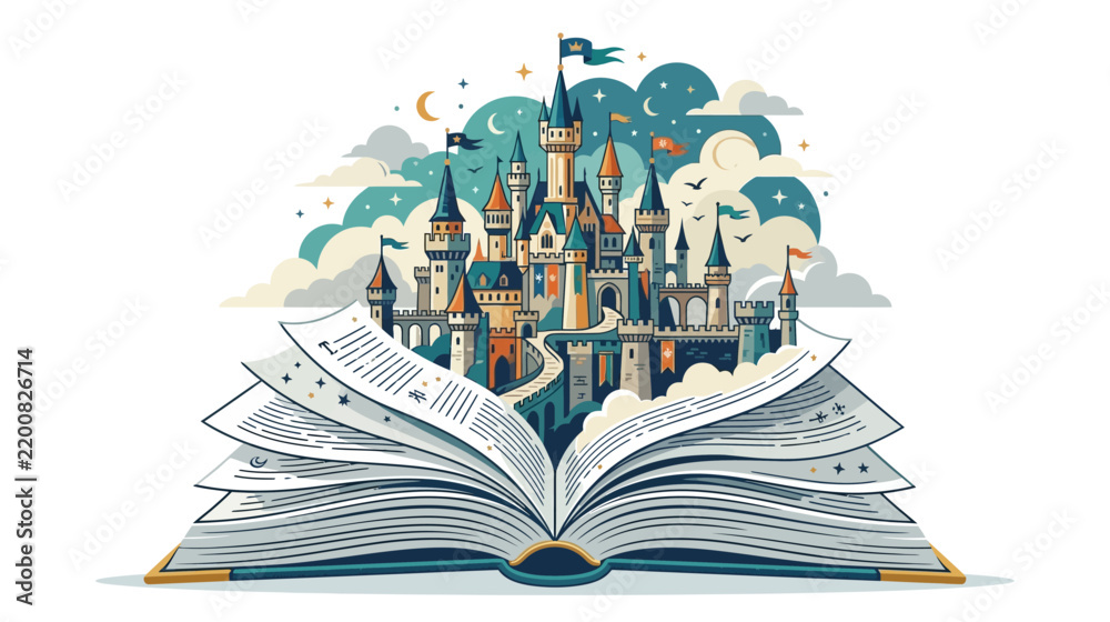 Obraz premium Whimsical Vector Illustration of a Magical Fantasy Castle Emerging from an Open Storybook with Clouds and Stars