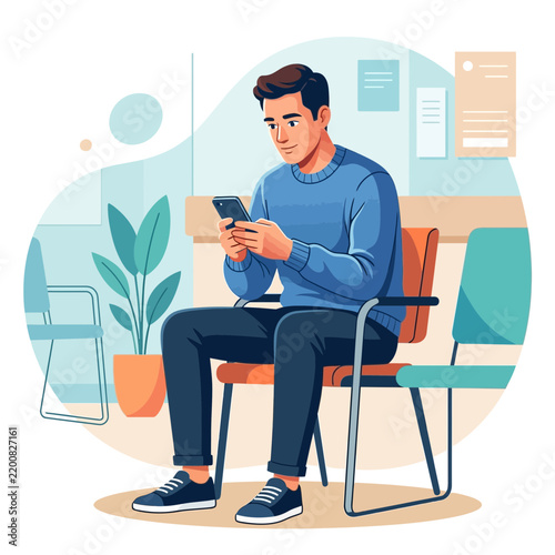 Man Sitting in Waiting Room Using Smartphone - Modern Illustration
