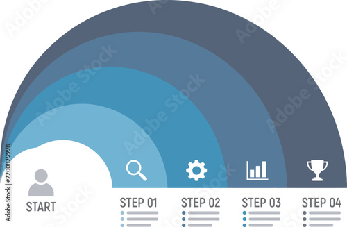 Four step infographic diagram with blue curved segments and business process icons
