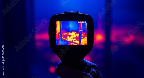 Handheld thermal imaging camera scanning a charred dark interior for hidden heat signatures and glowing embers during an emergency rescue, management, heat, damage