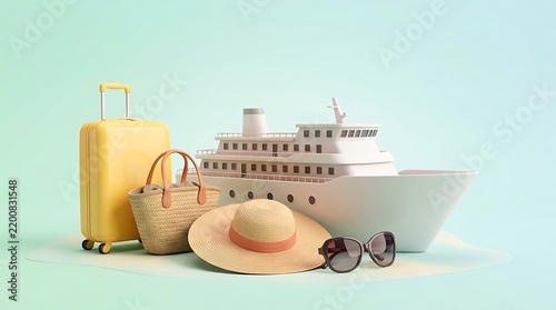 Cruise Ship Vacation Essentials - Luggage, Hat, Sunglasses, and Beach Bag.