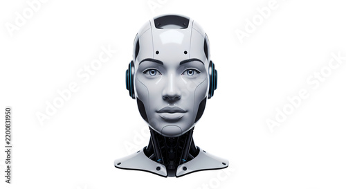 Futuristic Humanoid Robot Head with Artificial Intelligence Female Cyborg Face Isolated on White Background