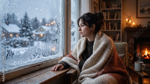 Thoughtful young woman wrapped in a warm blanket looking out at a snowy winter day.