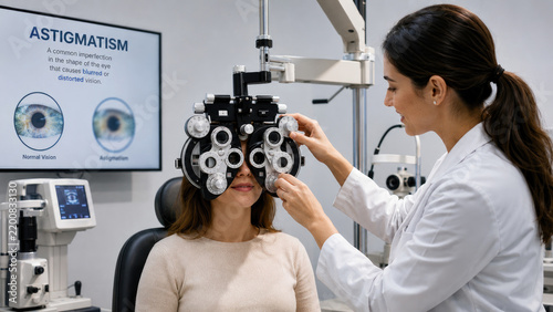 Optometrist adjusting a phoropter during a patient eye exam in a clinical setting with an astigmatism chart visible