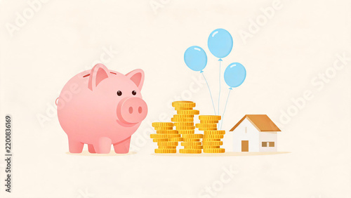 Piggy Bank Coins And Brown Roof House