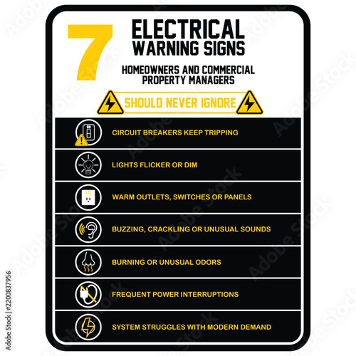 7 electrical warning sign. Infographic vector