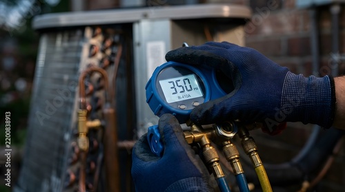 HVAC technician hands in protective gloves using a digital manifold gauge to check refrigerant pressure on an outdoor air conditioning condenser unit during a professional maintenance service.