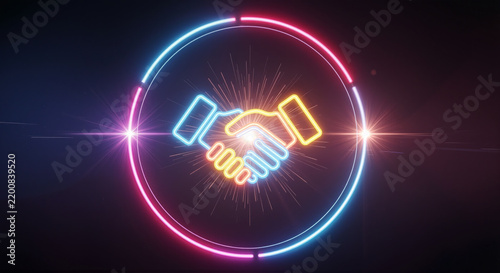 Neon handshake icon glowing inside circular frame with bright light rays and flare effects on dark background symbolizing partnership and agreement