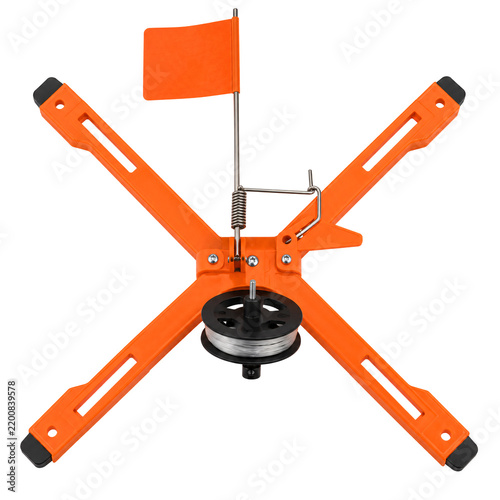 Orange ice fishing tip-up with flag for winter angling, fishing gear