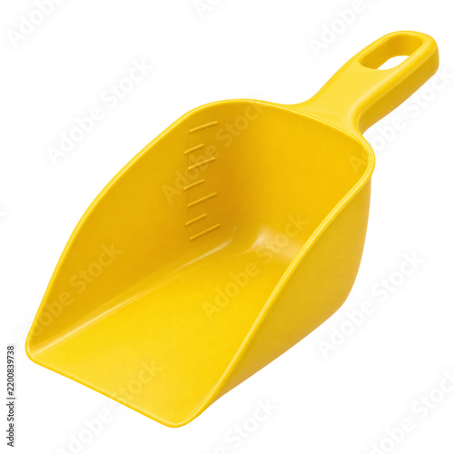 Yellow plastic measuring scoop, pet food, dry goods, kitchen utensil