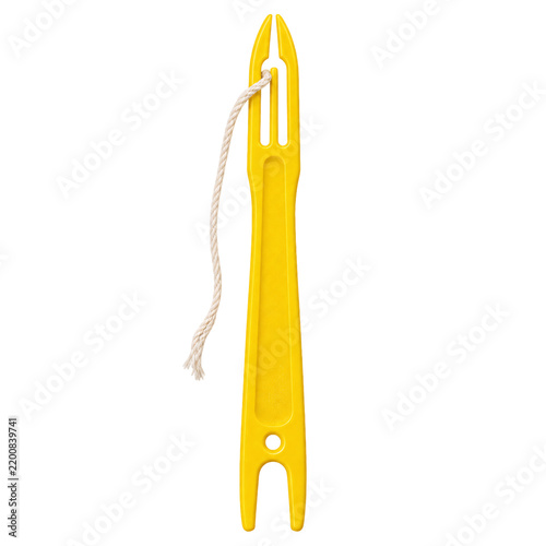 Yellow plastic netting needle with thread, fishing equipment tool