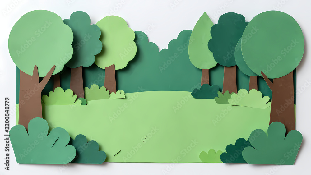Obraz premium Forest scene is created using paper art. It shows various trees and shrubs in green with a simple layout. Different shapes form the landscape design Generative AI